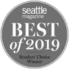 A badge reading "Seattle Magazine Best of 2019 Readers’ Choice Winner" in white text on a grey background.