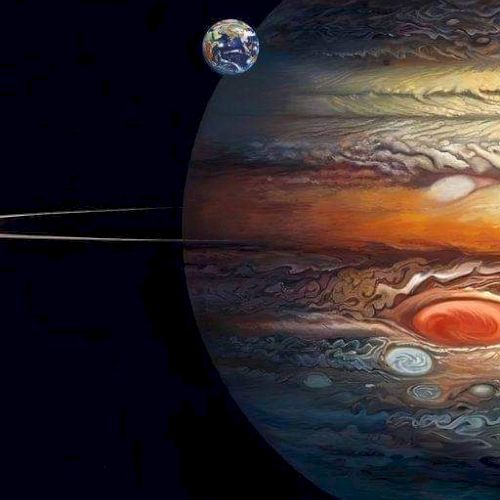 An artistic depiction of Jupiter with its Great Red Spot, a moon in the background, and cosmic surroundings in space.
