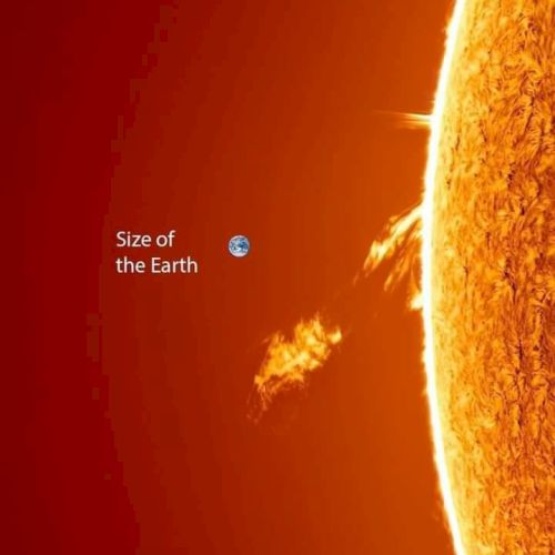 Image showing the Sun with solar flares; Earth's size is illustrated comparatively in the image.