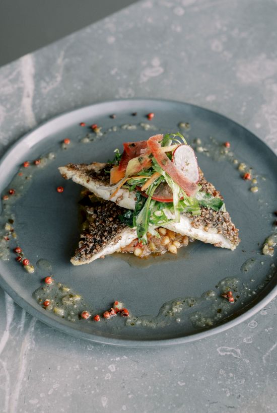 A gourmet dish featuring seared fish, topped with mixed greens and garnishes, is artistically presented on a gray plate.