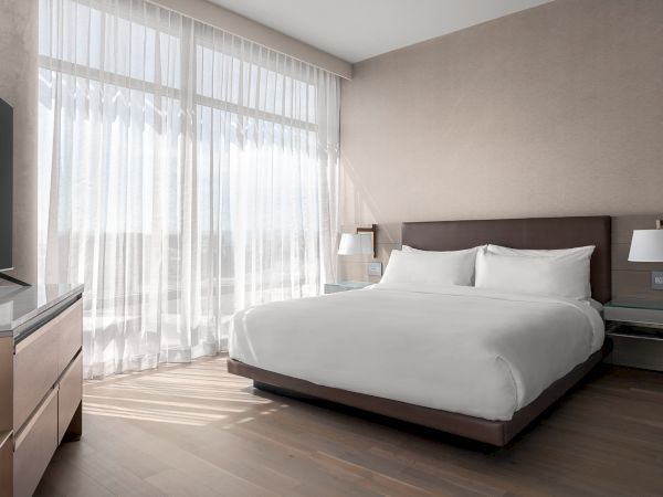 A modern hotel room with a large bed, white linens, soft lighting, and a TV, featuring sheer curtains on tall windows enhancing the space.