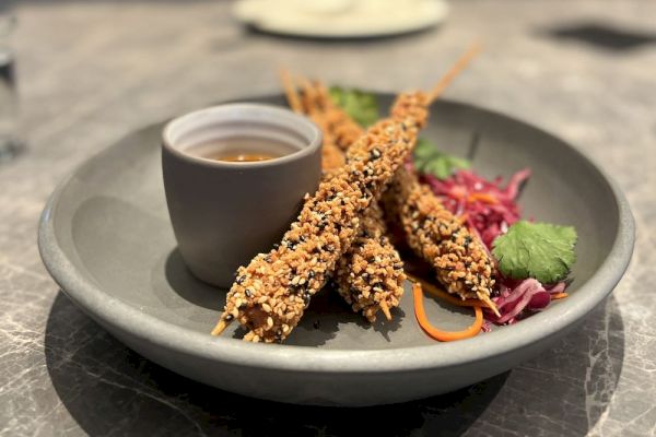 The image shows skewers coated in seeds, a small cup of dipping sauce, and a garnish of vegetables on a plate.