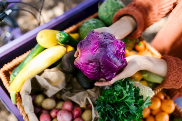 A person holding a purple cabbage over a basket filled with various fruits and vegetables, including squash, potatoes, and greens.