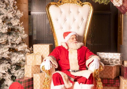 Santa sits in a gold throne in a Christmas display, surrounded by wrapped gifts, evergreen garlands, and a red carpet.