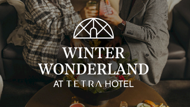 Two people toast in a cozy hotel lounge with a table of desserts and drinks, promoting &ldquo;Winter Wonderland at Tetra Hotel.&rdquo;